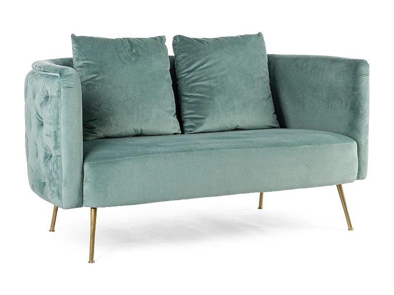 Canapé design capitonné vert d'eau et pieds doré Tanka 144cm