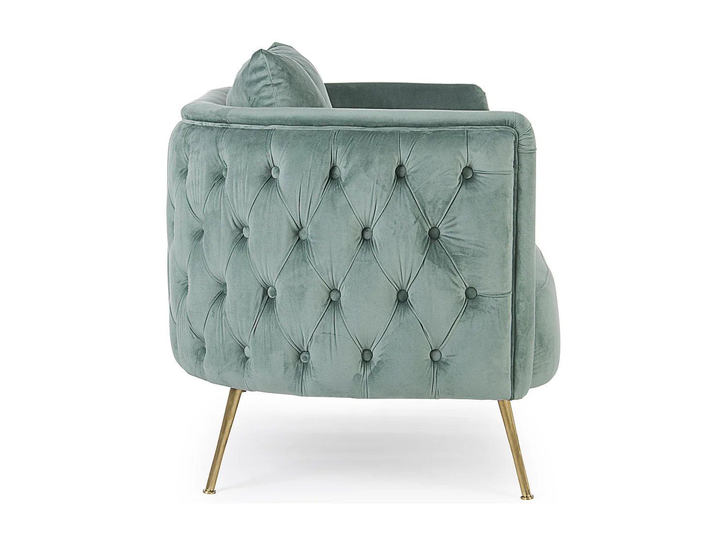 Canapé design capitonné vert d'eau et pieds doré Tanka 144cm