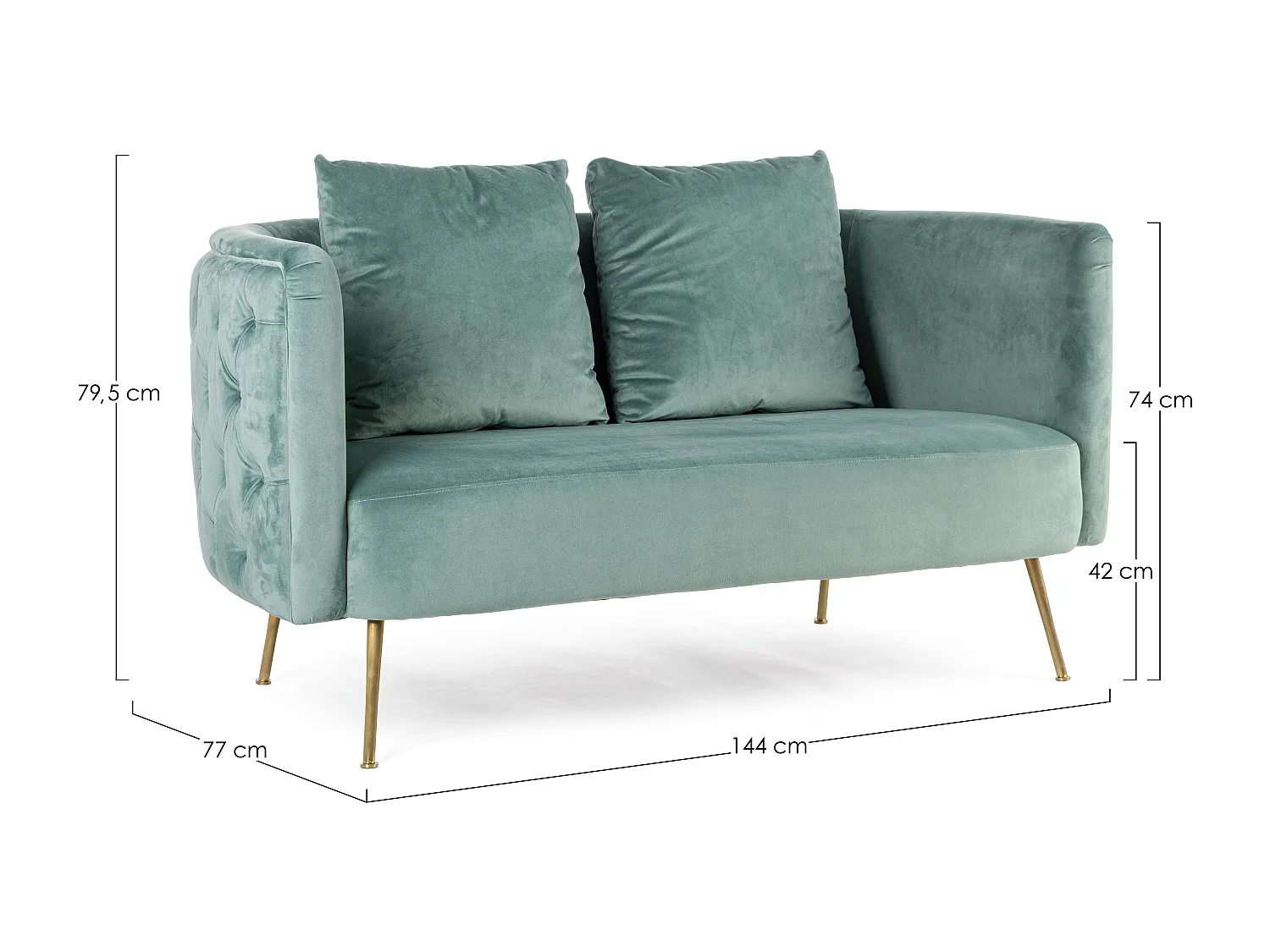 Canapé design capitonné vert d'eau et pieds doré Tanka 144cm