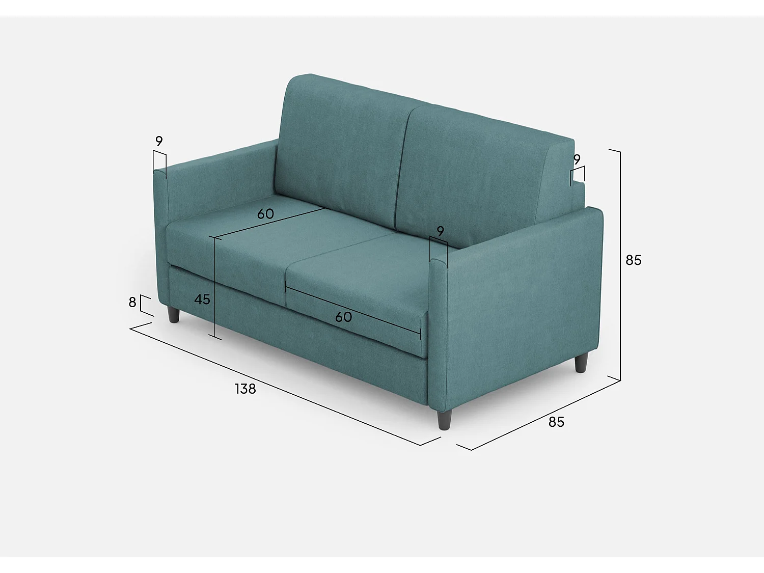 Canapé droit moderne italien tissu bleu pétrole Korane - 3 tailles-Taille 138 cm