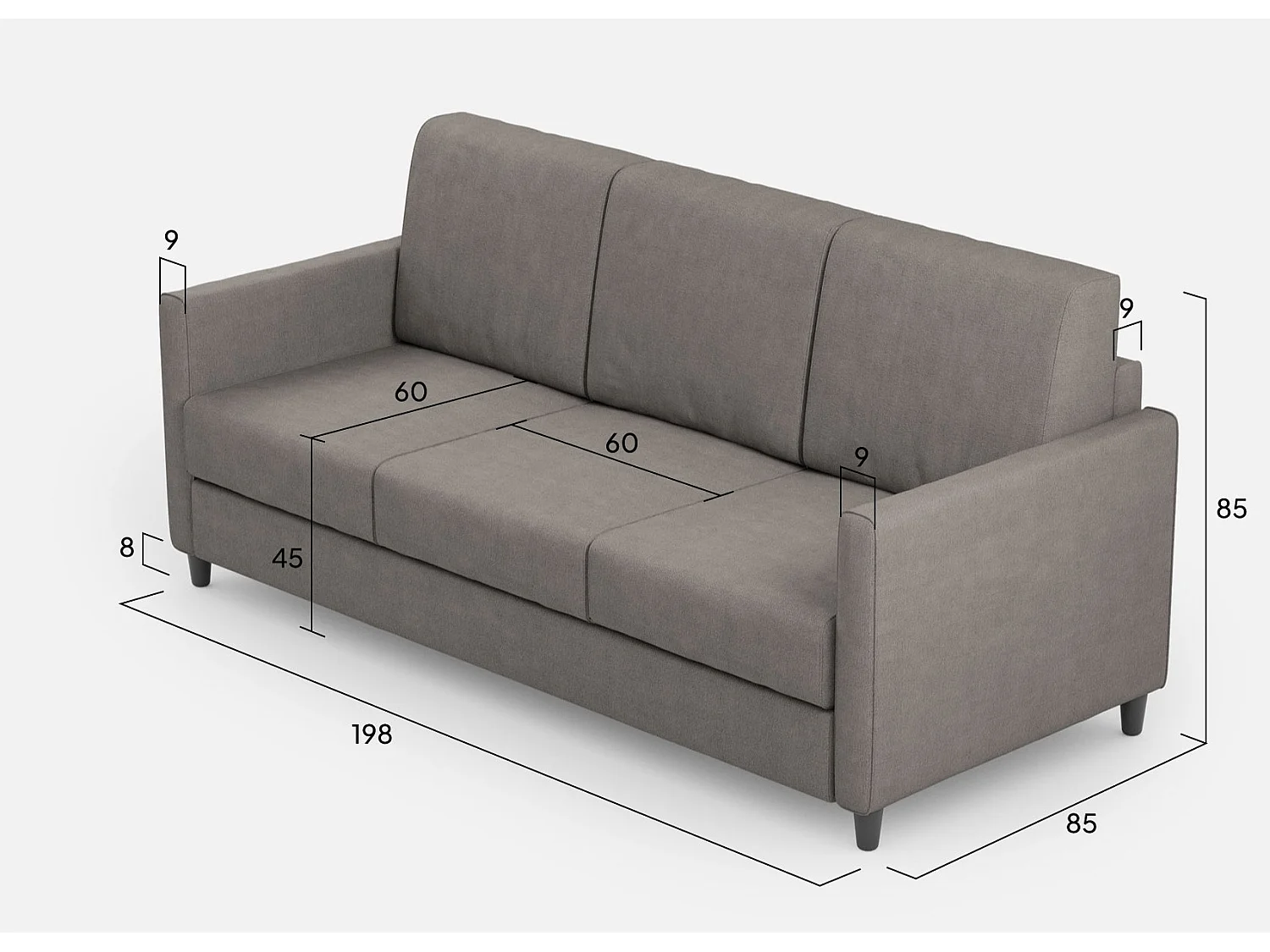 Canapé droit moderne italien tissu gris Korane - 3 tailles-Taille 198 cm