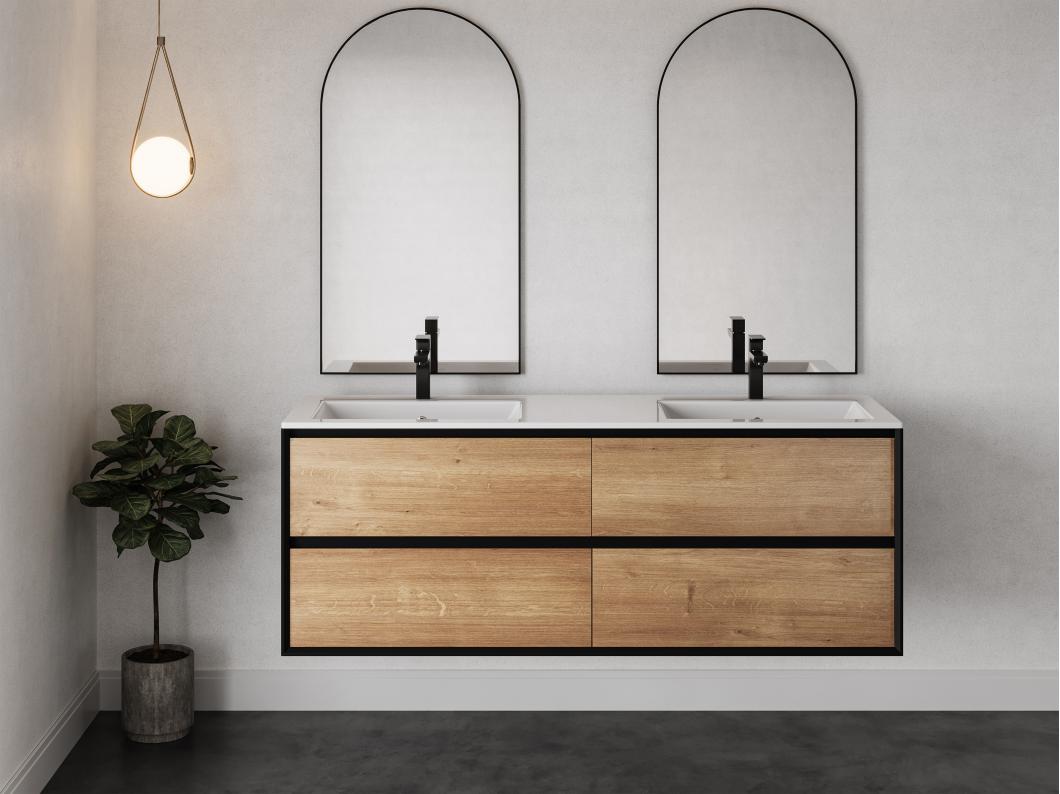 Mueble de baño flotante con lavabo - Color natural claro y negro - 150 cm - LANNICK