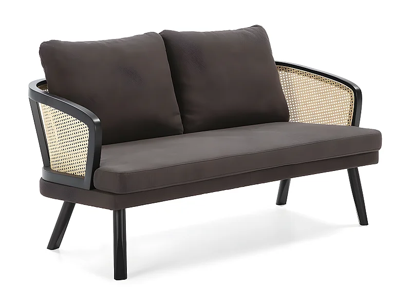 Canapé 2 places tissu bois noir et rotin naturel 150cm