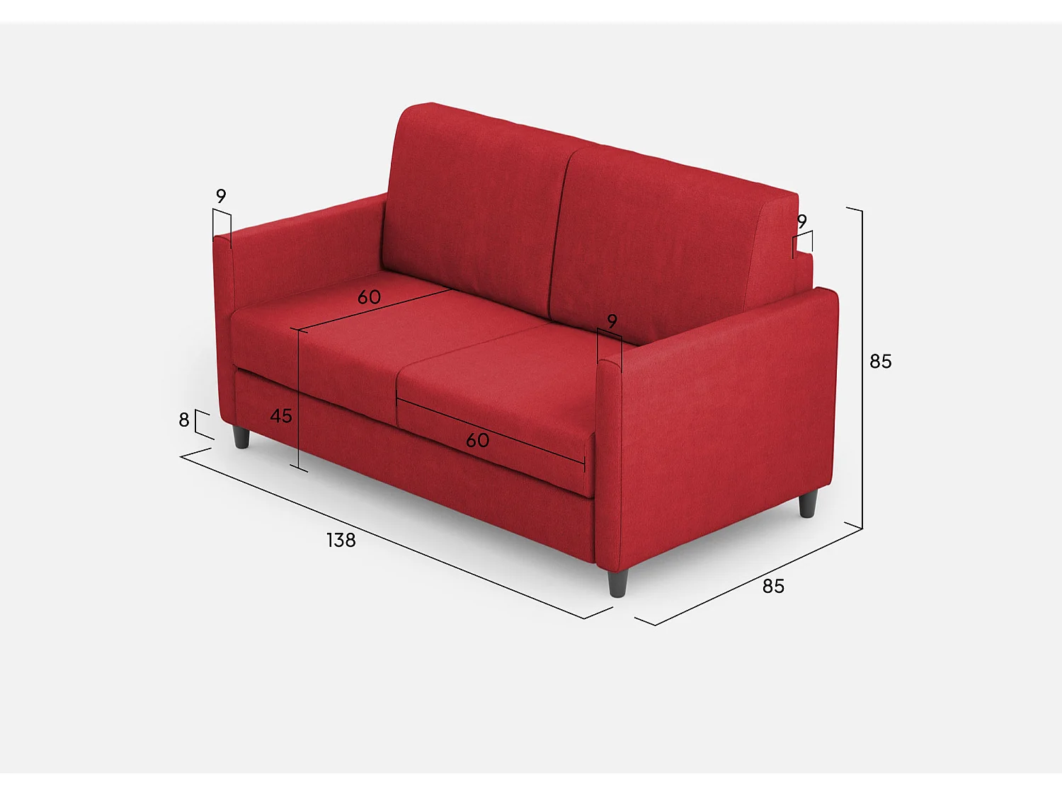 Canapé droit moderne italien tissu rouge Korane - 3 tailles-Taille 138 cm