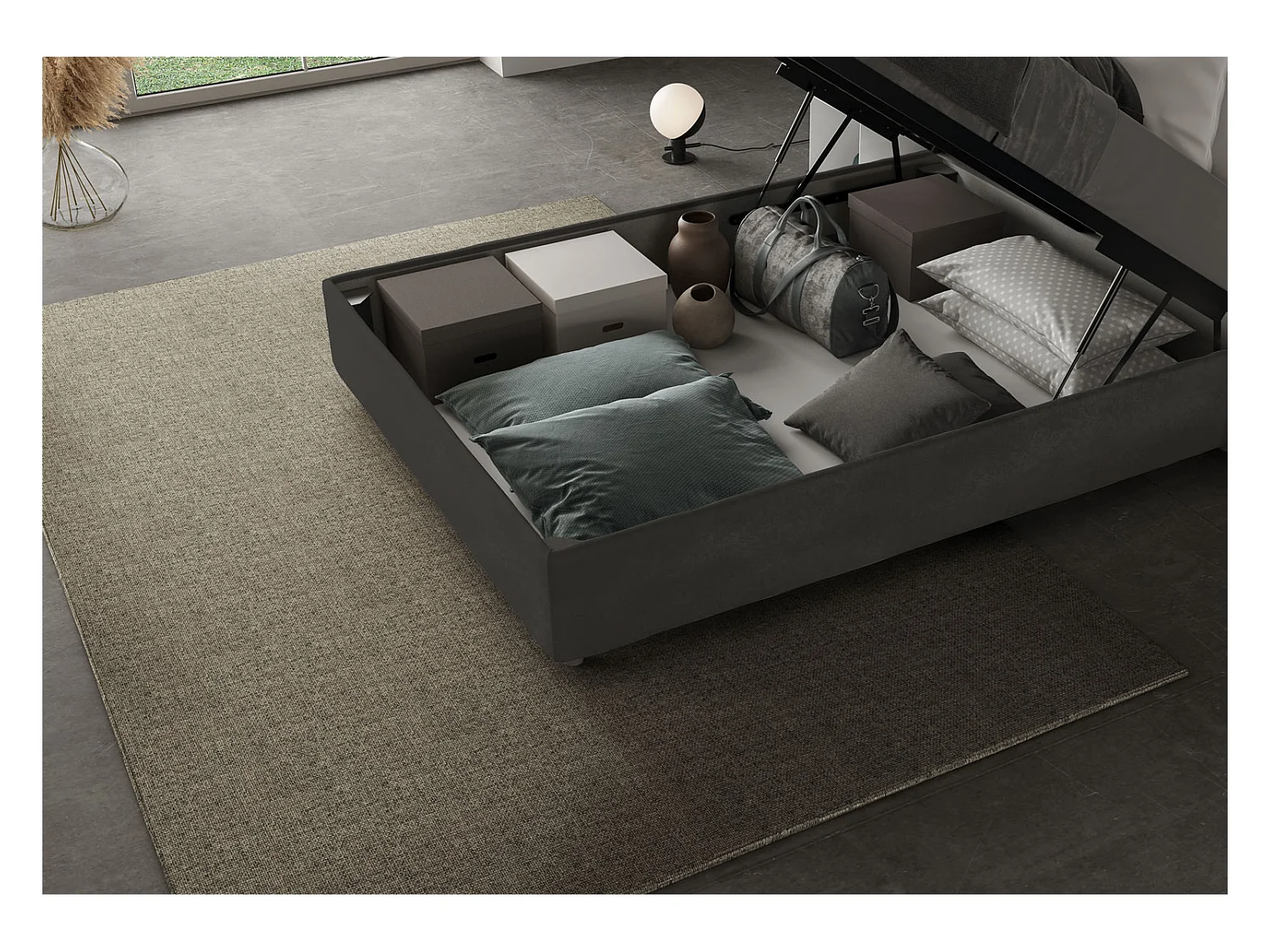 Lit Adele 130x190 gris sommier et conteneur