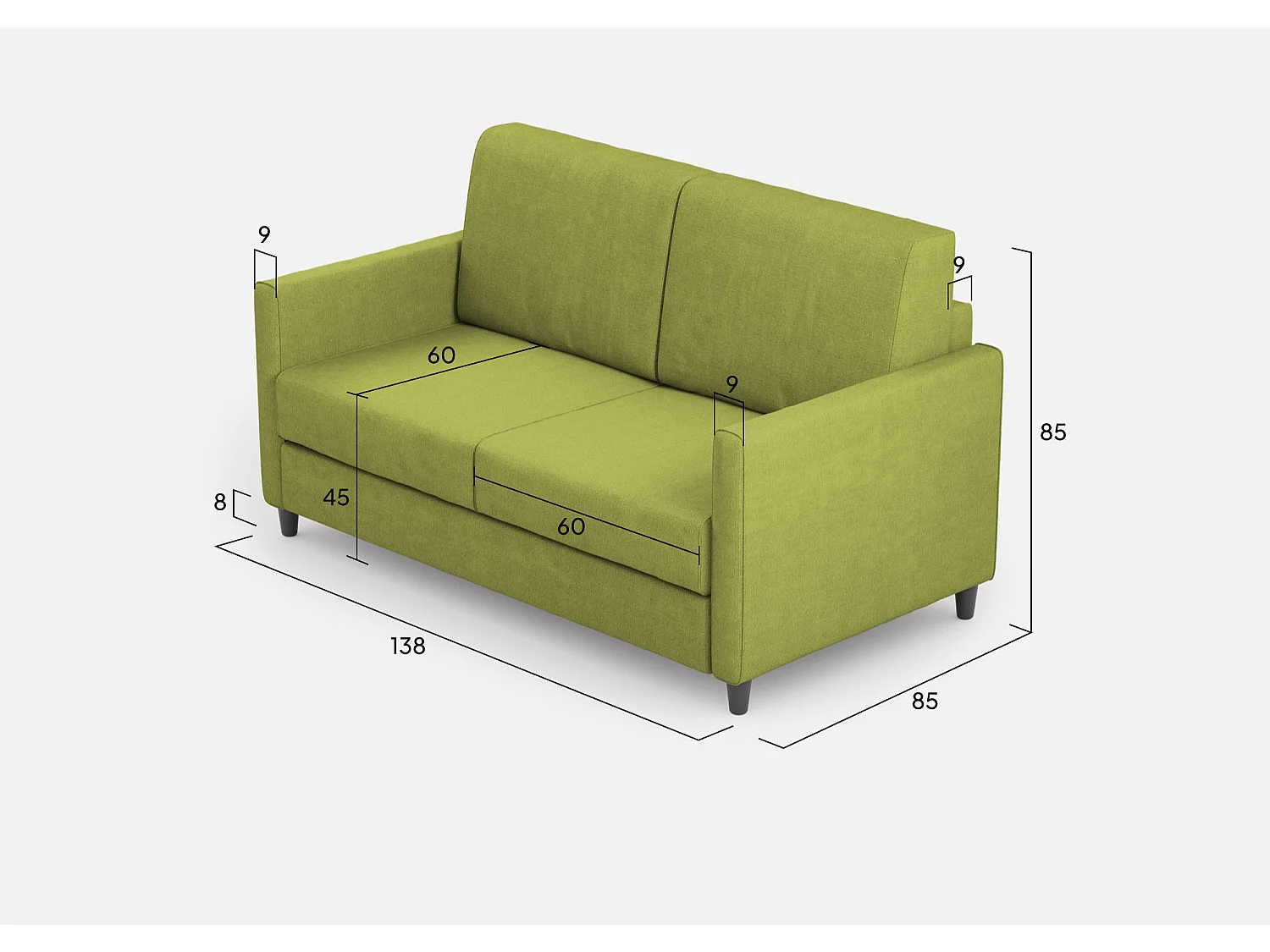 Sofá italiano moderno recto en tela verde pistacho Korane - 3 tamaños-Talla 138 cm