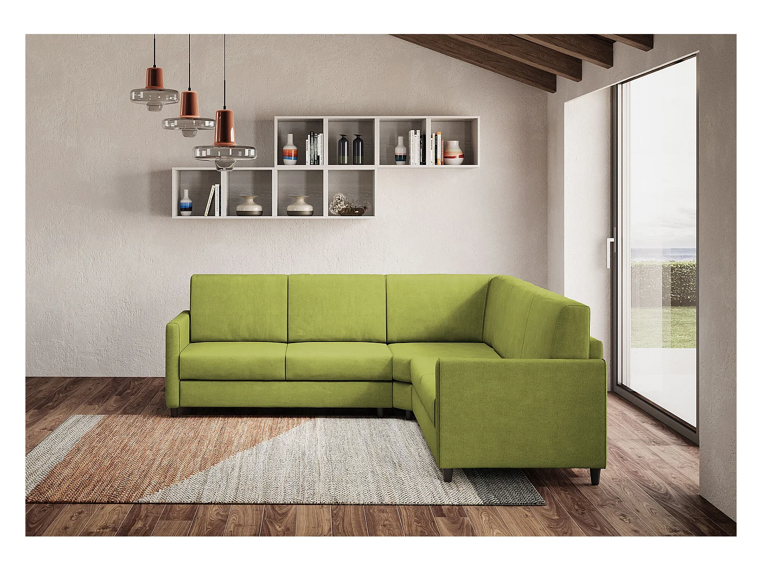 Canapé d'angle moderne italien tissu vert pistache Korane - 5 tailles-Taille 281x241 cm