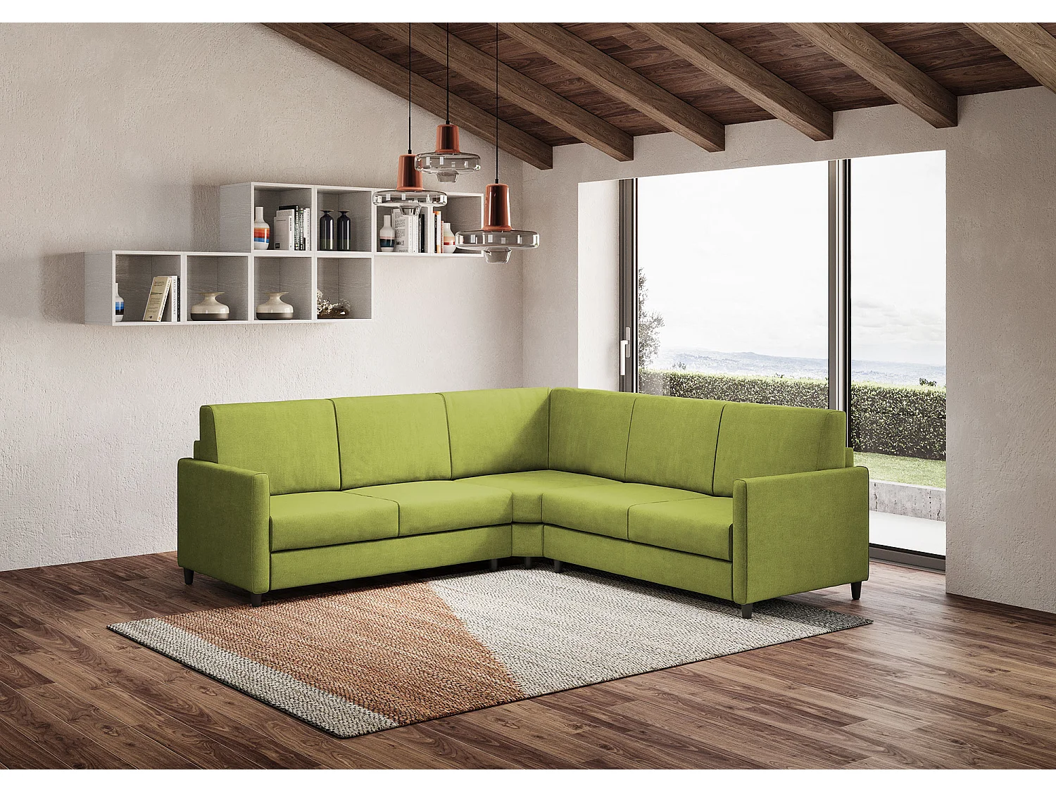 Canapé d'angle moderne italien tissu vert pistache Korane - 5 tailles-Taille 281x241 cm