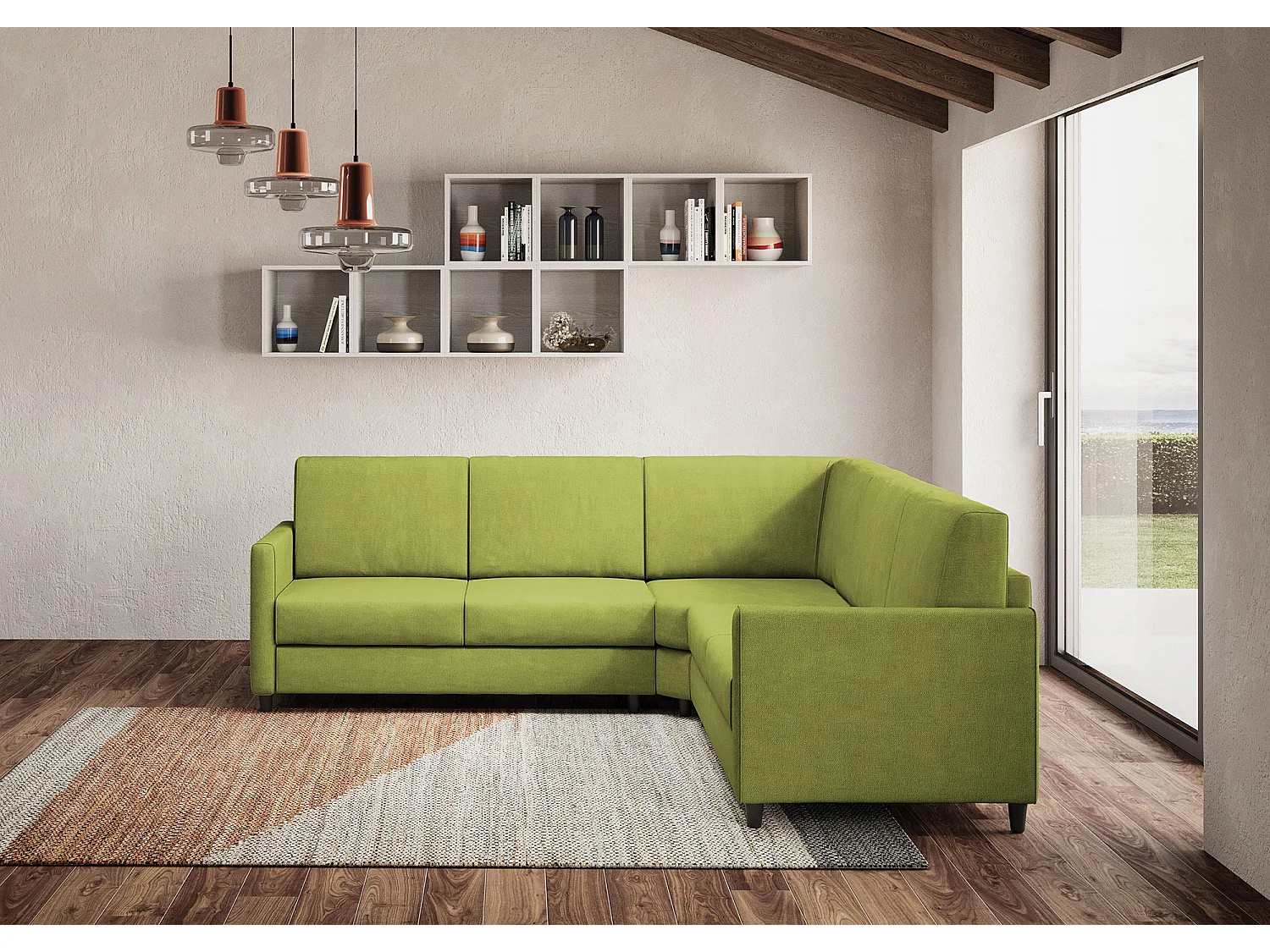 Canapé d'angle moderne italien tissu vert pistache Korane - 5 tailles-Taille 281x241 cm