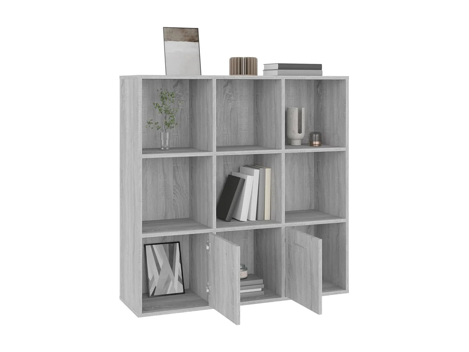 Bibliothèque étagère en bois Valika 98cm - 7 niches 2 portes-Chêne gris