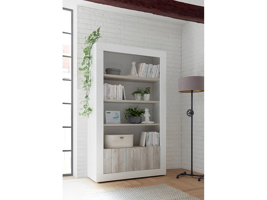 Pilari boekenkast met 4 niveaus in glanzend wit gelakt en grijs grenen