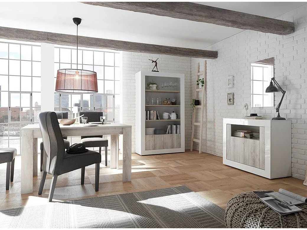 Pilari boekenkast met 4 niveaus in glanzend wit gelakt en grijs grenen