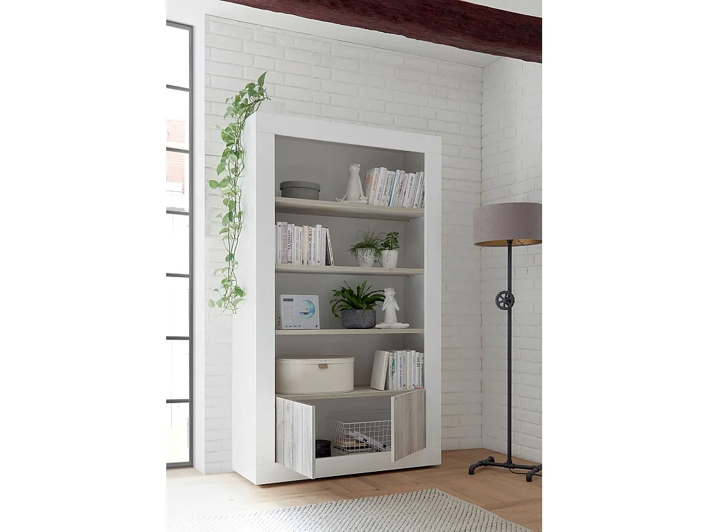 Bibliothèque 4 niveaux laqué blanc brillant et pin gris Pilari