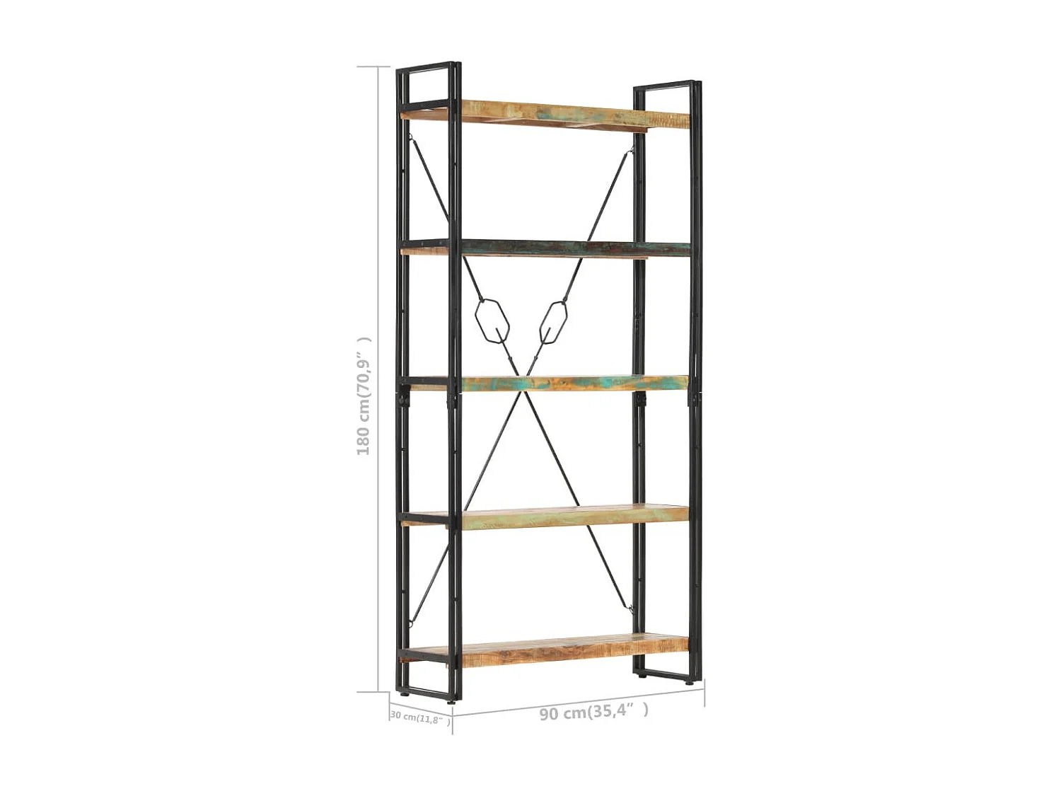 Bibliothèque 5 niveaux 90x30x180 Bois solide de récupération