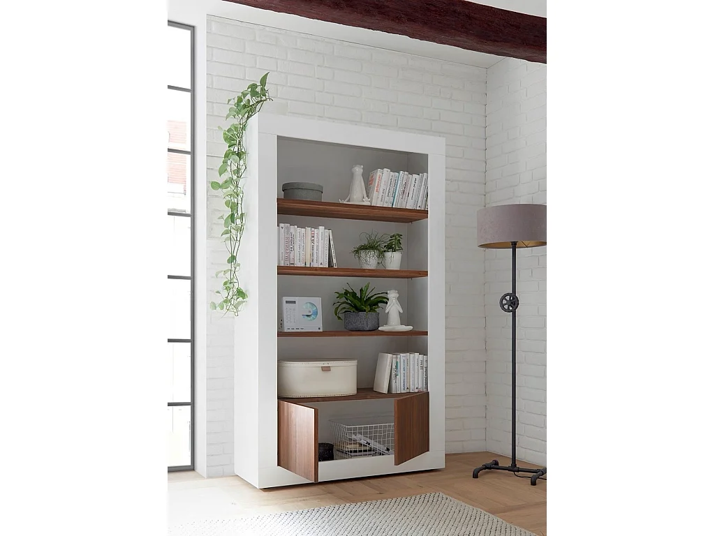 Bibliothèque 4 niveaux laqué blanc brillant et noyer Pilari