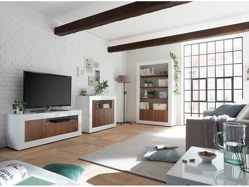 Bibliothèque 4 niveaux laqué blanc brillant et noyer Pilari