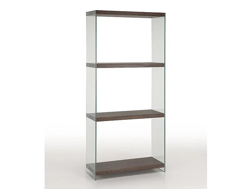 Bibliothèque 3 niveaux bois noyer et pieds verre transparent Sila