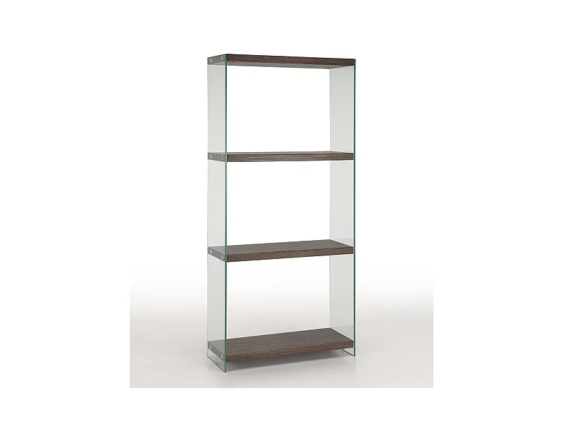 Bibliothèque 3 niveaux bois noyer et pieds verre transparent Sila