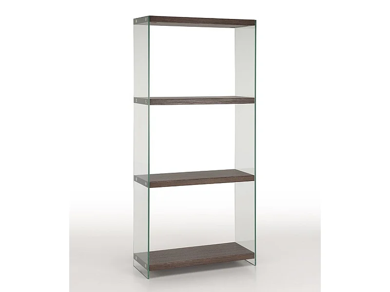 Bibliothèque 3 niveaux bois noyer et pieds verre transparent Sila