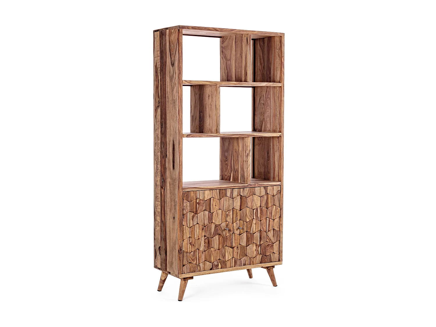 Bibliothèque 2 portes 6 niches en bois de sheesham naturel Kany 90cm