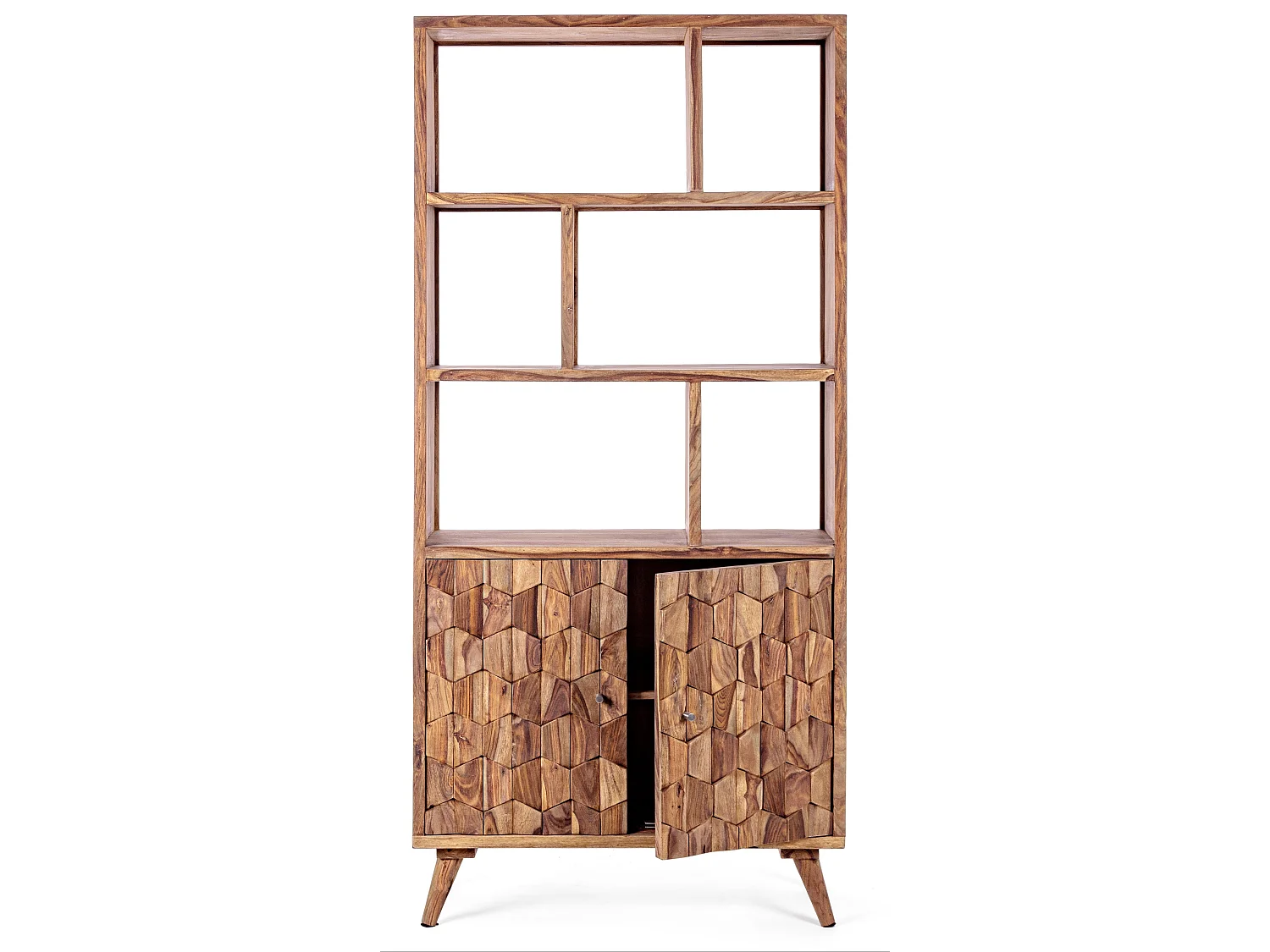 Bibliothèque 2 portes 6 niches en bois de sheesham naturel Kany 90cm