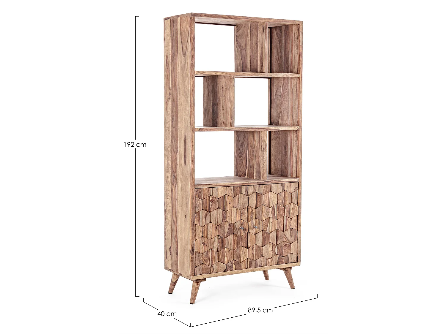 Bibliothèque 2 portes 6 niches en bois de sheesham naturel Kany 90cm