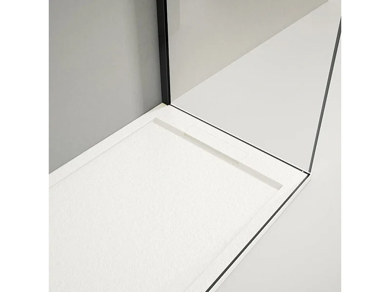 Mineralguss-Duschwanne extra flach LUX Schieferoptik weiß 80x150cm Edelstahl in gleicher Farbe Auslaufschutz in Farbe