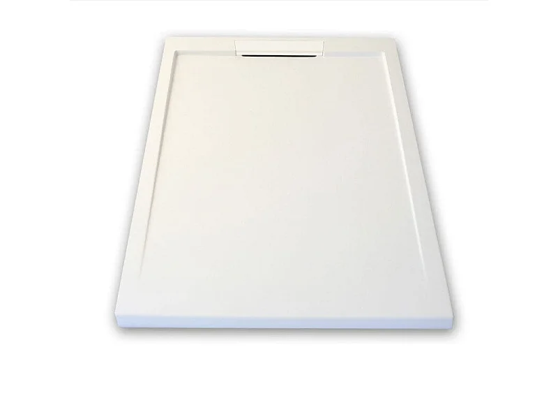 Mineralguss-Duschwanne extra flach LUX Schieferoptik weiß 80x150cm Edelstahl in gleicher Farbe Auslaufschutz in Farbe