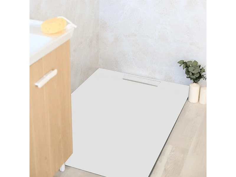 Mineralguss-Duschwanne extra flach LUX Schieferoptik weiß 80x110cm Edelstahl in gleicher Farbe Auslaufschutz in Farbe