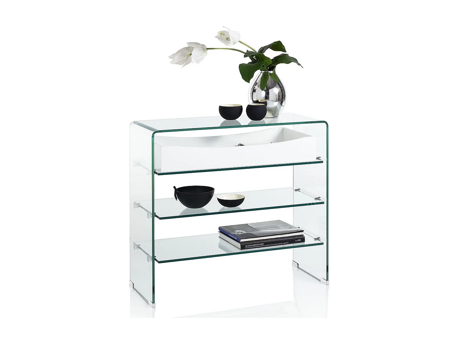 Console 3 planken 1 witte lade en transparant glas Nygo L 80 cm