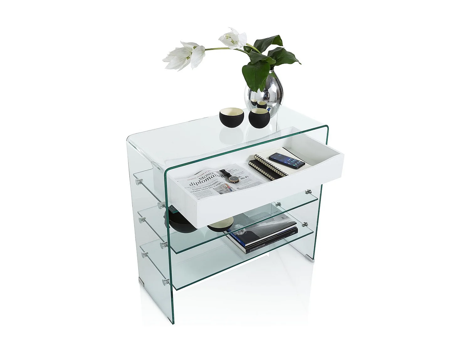 Console 3 planken 1 witte lade en transparant glas Nygo L 80 cm
