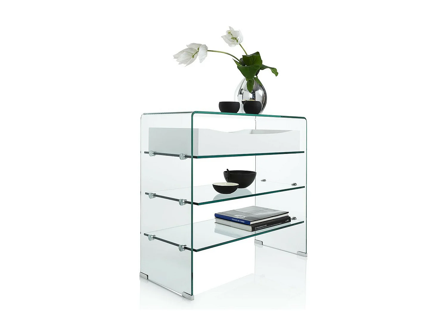 Console 3 planken 1 witte lade en transparant glas Nygo L 80 cm