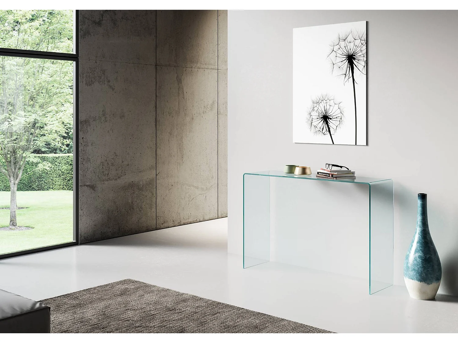 Smalle gebogen glazen console tafel 120x40x80 cm