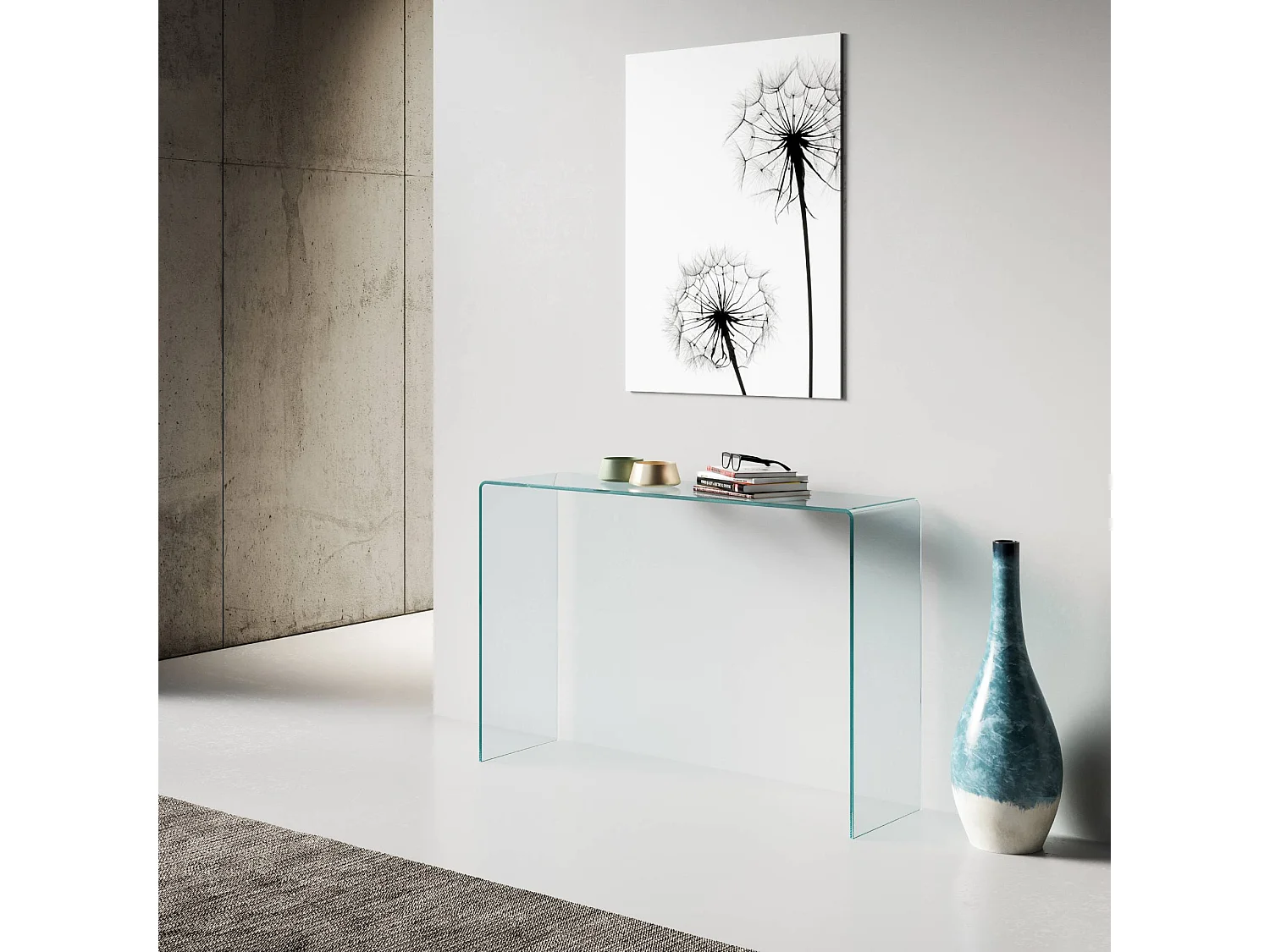 Smalle gebogen glazen console tafel 120x40x80 cm