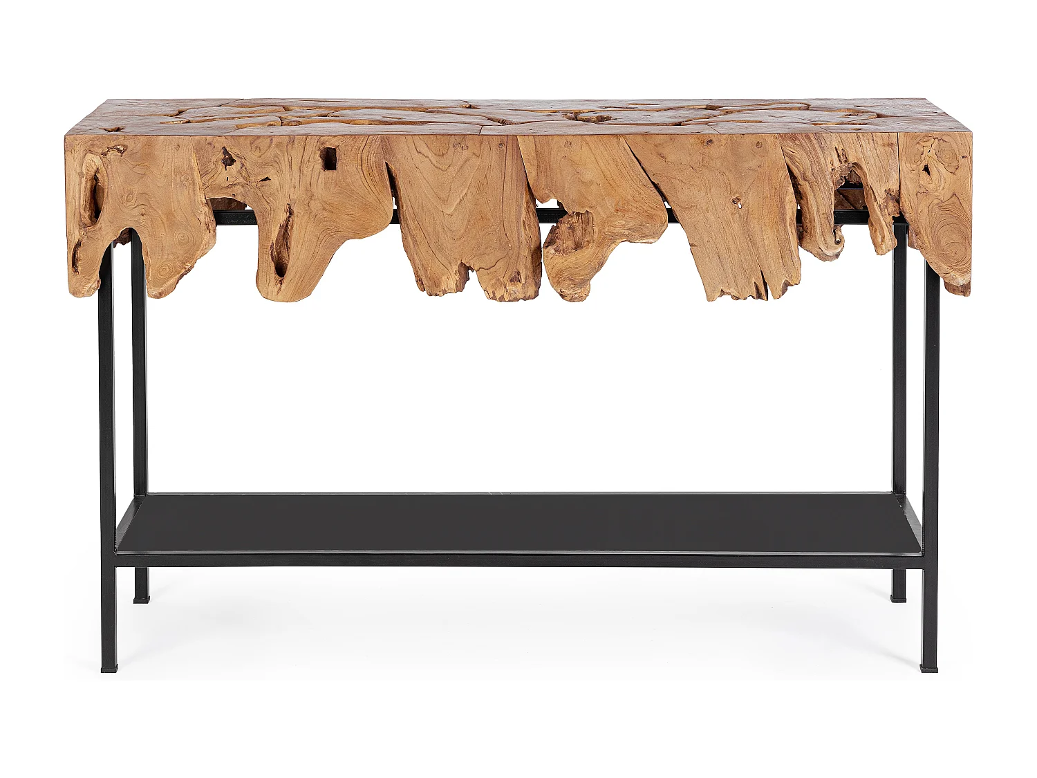 Console 1 plank in teakwortels en zwart staal Greta 120 cm