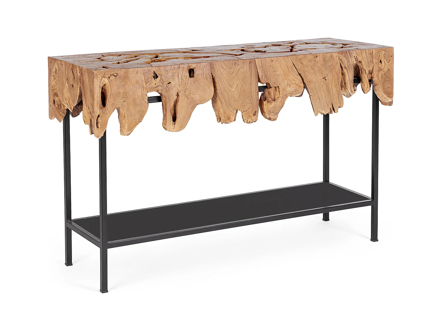 Console 1 étagère en racines de teck et acier noir Greta 120cm