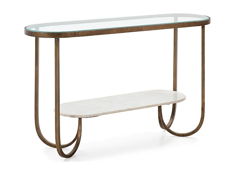 Console verre trempé marbre blanc et pieds métal doré Sia 122cm