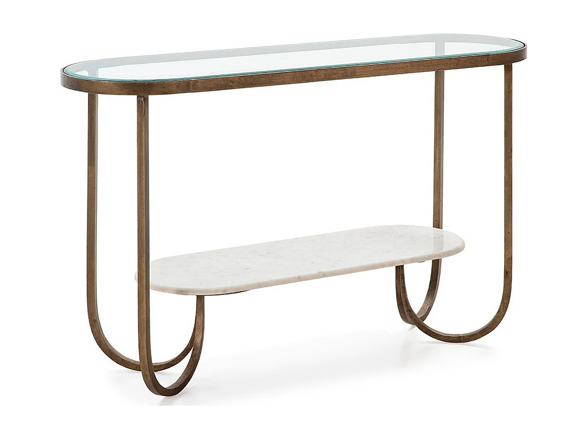 Console verre trempé marbre blanc et pieds métal doré Sia 122cm