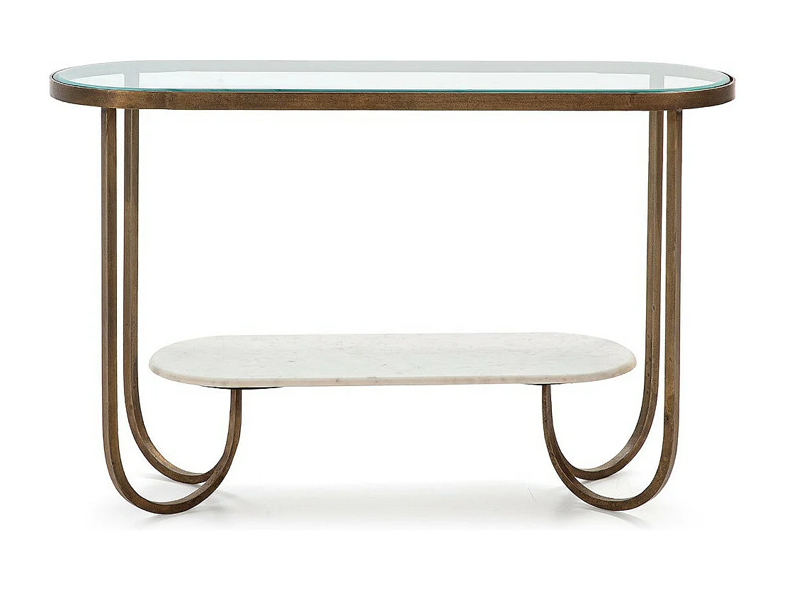 Console verre trempé marbre blanc et pieds métal doré Sia 122cm