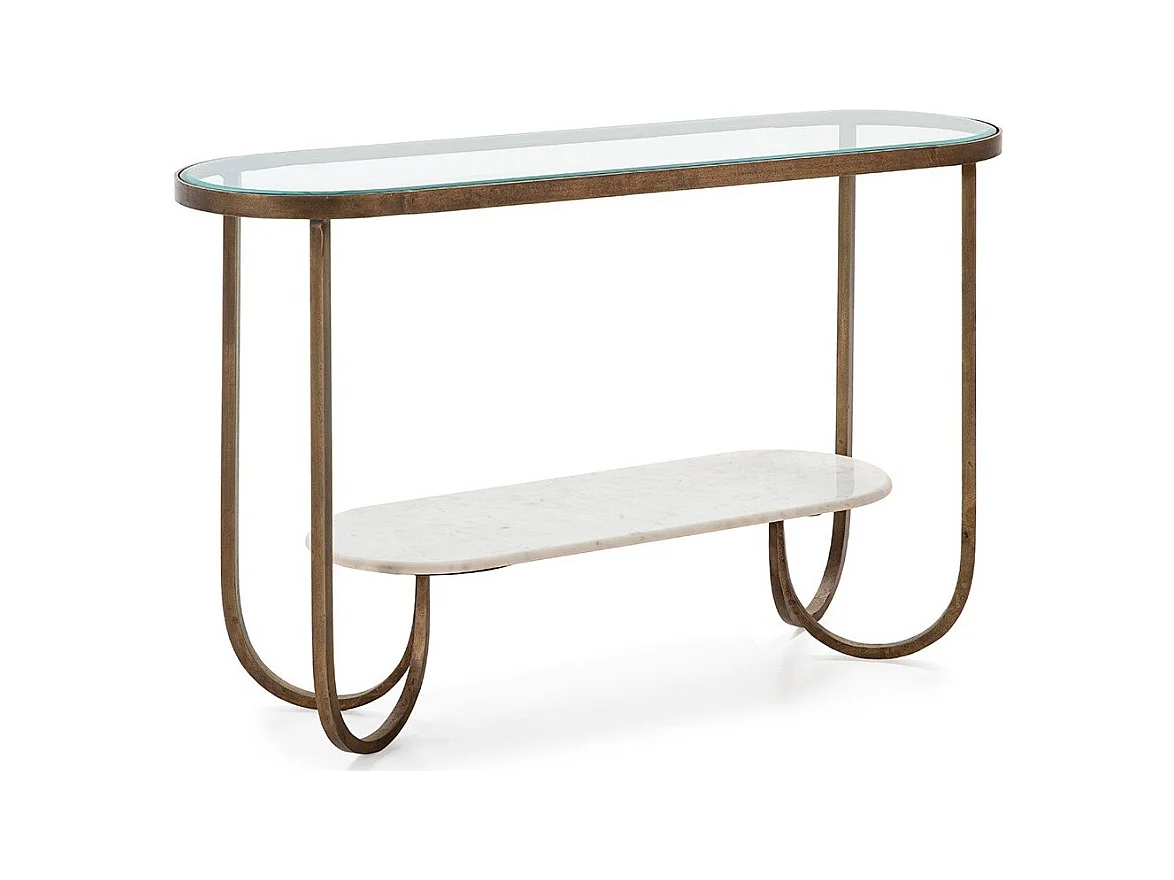 Console verre trempé marbre blanc et pieds métal doré Sia 122cm