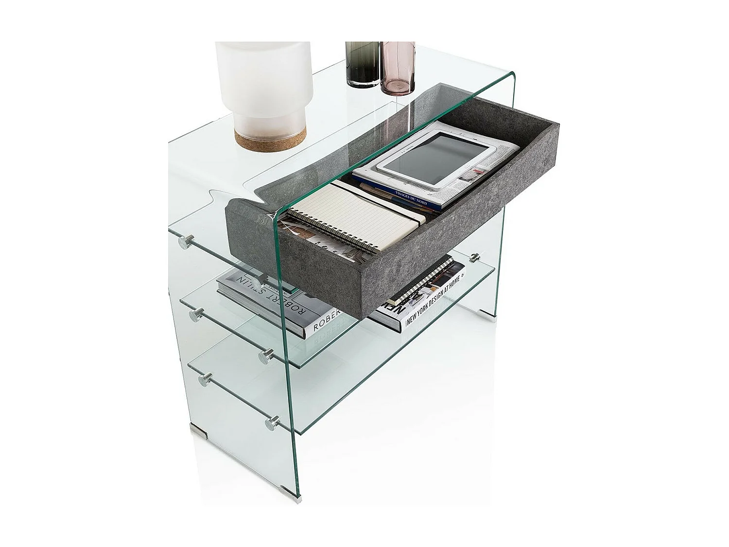 Console 3 planken 1 lade betonpatroon en transparant glas Nygo L 80 cm