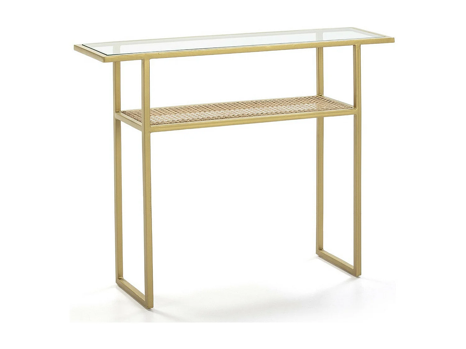 Console verre et rotin naturel pieds métal doré 100cm