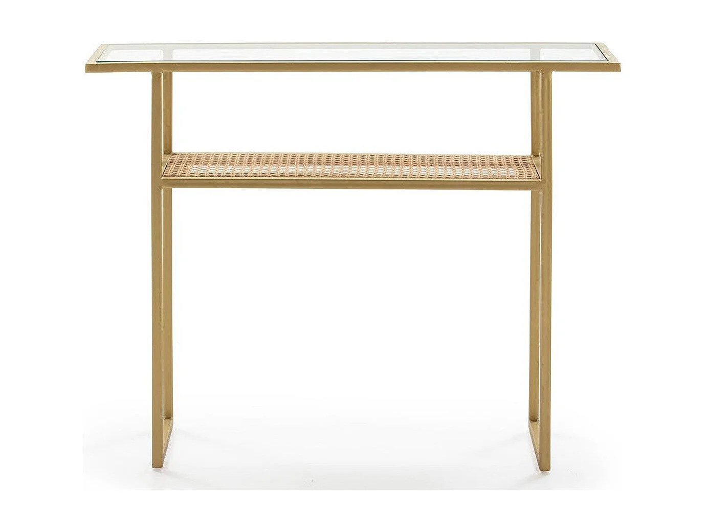 Console verre et rotin naturel pieds métal doré 100cm