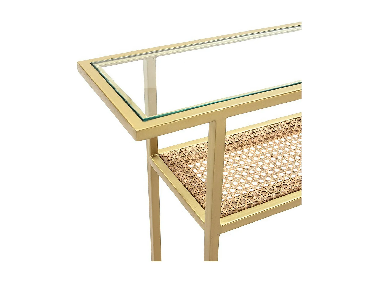 Console verre et rotin naturel pieds métal doré 100cm