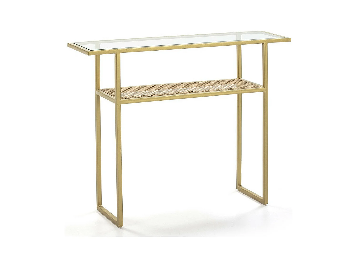 Console verre et rotin naturel pieds métal doré 100cm