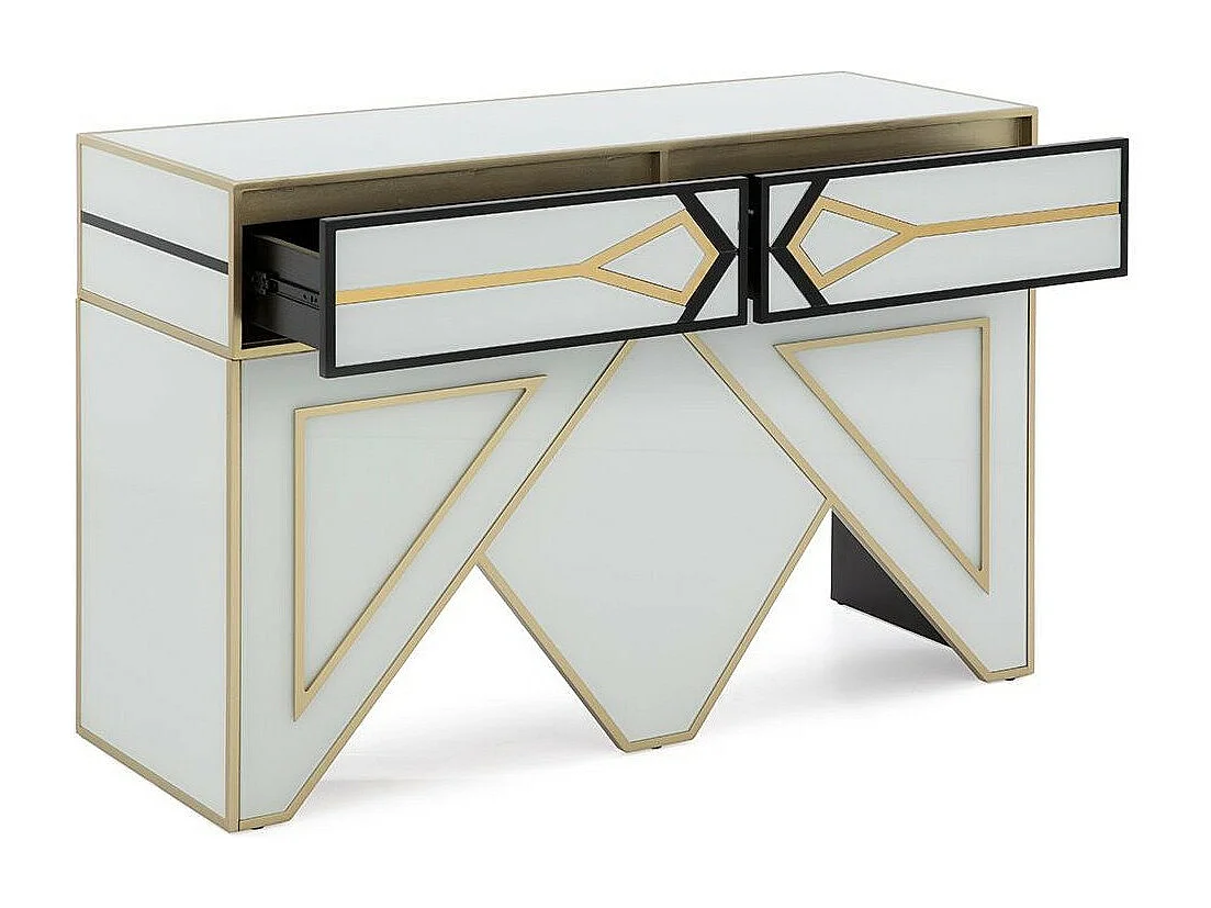 Console bois verre blanc et noir avec métal doré Lia 120cm