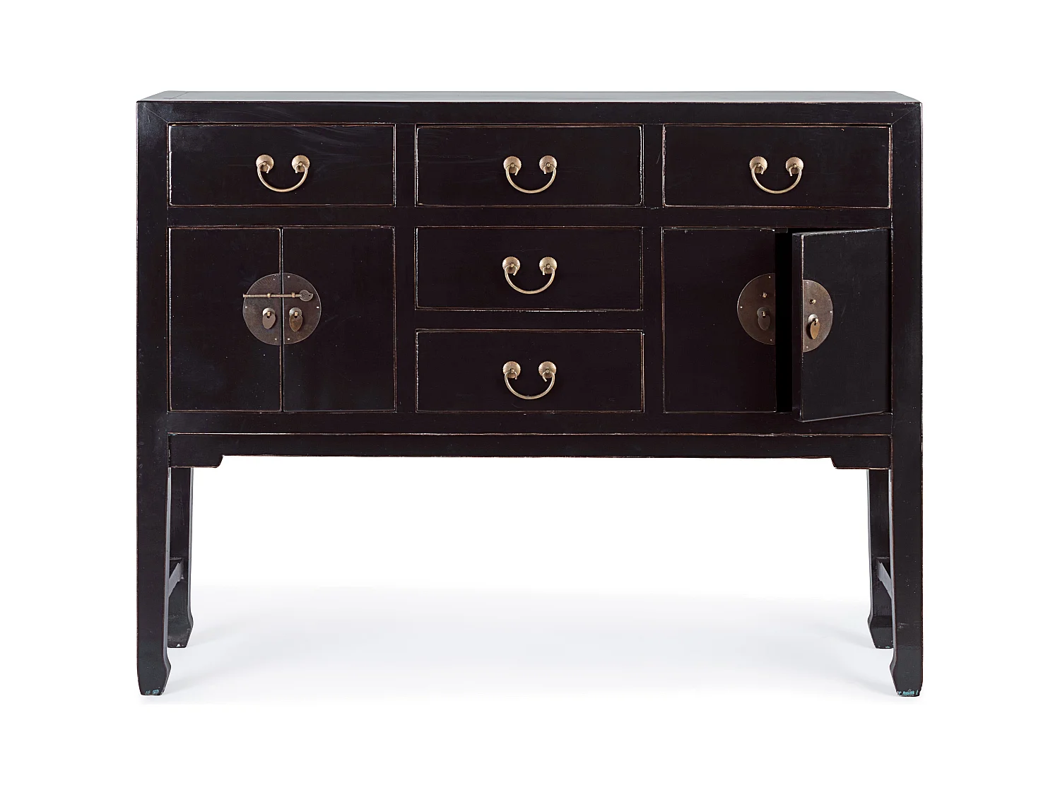 Console en bois d'orme noir 2 portes 5 tiroirs Juan 137cm
