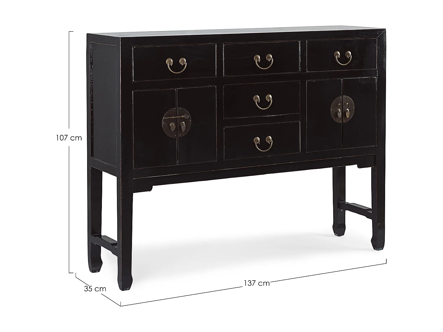 Console en bois d'orme noir 2 portes 5 tiroirs Juan 137cm