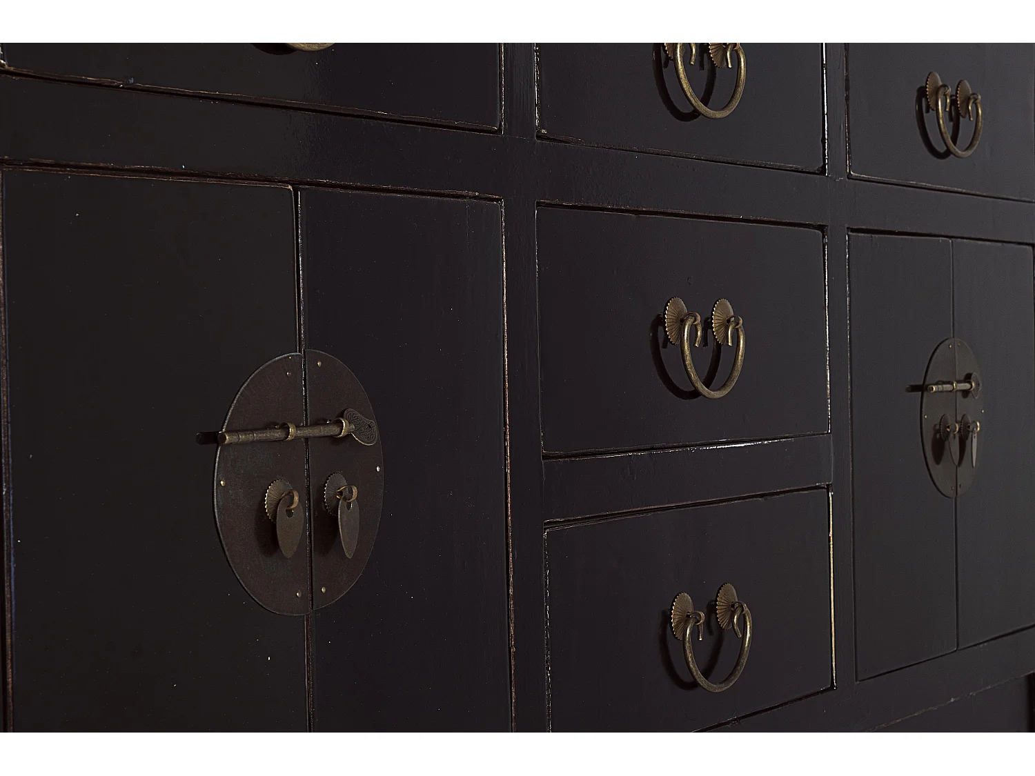 Console en bois d'orme noir 2 portes 5 tiroirs Juan 137cm