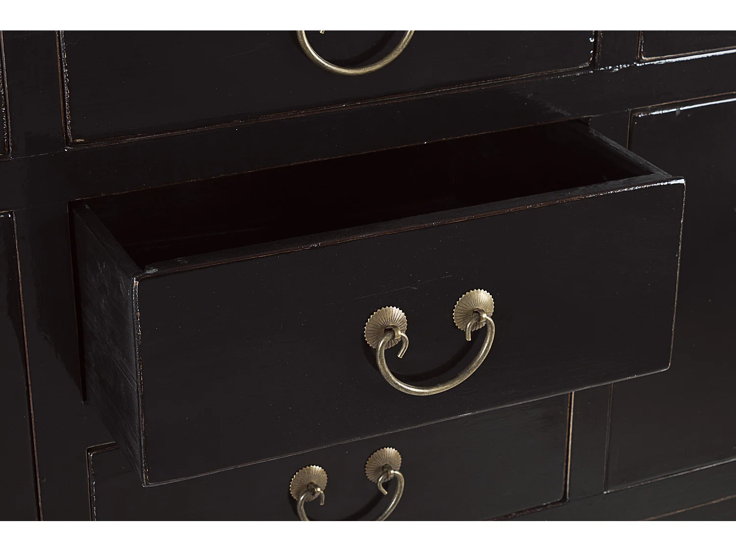 Console en bois d'orme noir 2 portes 5 tiroirs Juan 137cm